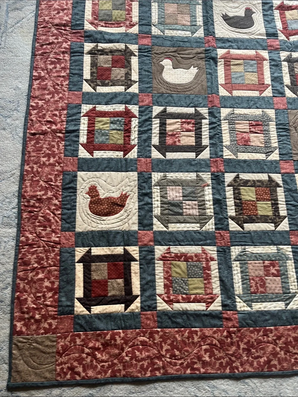 Handmade Hen House Quilt 51” x 61” Made by Maria Umhey